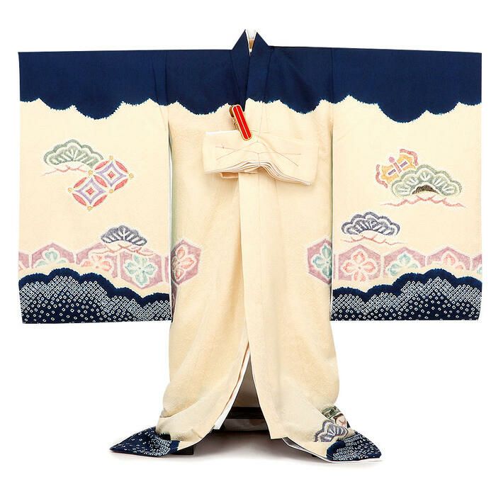 お宮参り 着物 男の子 産着 祝い着 濃紺 クリーム 兜 宝尽くし松 絞り