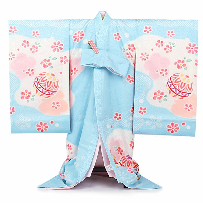 着物の名門ますいわ屋　ガード加工　ほぼ未使用品　紅碧色に青、白の桜の花の総柄小紋 お宮参り 着物 女の子 産着 祝い着 水色 白 桃 鞠 宝尽くし紋 桜 椿