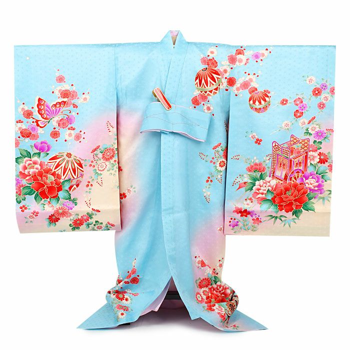 お宮参り 着物 女の子 産着 祝い着 水色 黄 花車 牡丹 藤 あやめ 地紙