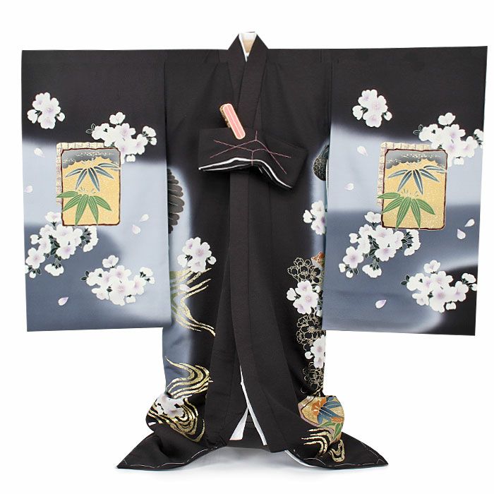 お宮参り 着物 男の子 産着 祝い着 黒 ブラック グレー 鷹 太閤兜 兜