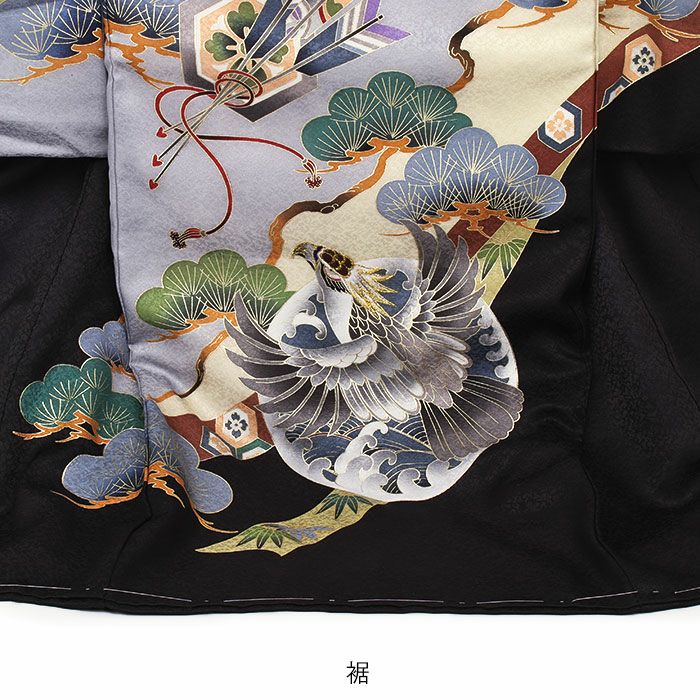 【美品】逸品　高級刺繍　正絹　初着　宝船 お宮参り 着物 男の子 産着 祝い着 黒 宝船 鷹 軍配 三つ矢 熨斗 宝