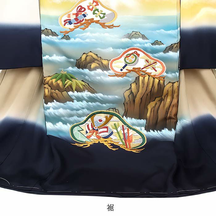 お宮参り 着物 男の子 産着 祝い着 濃紺 ネイビー 鷹 雲流 松紋 立波