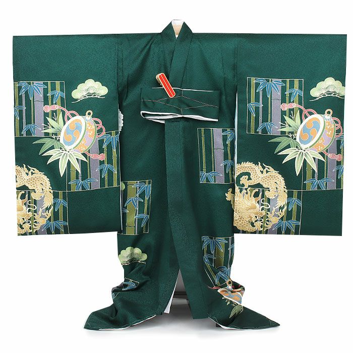お宮参り 着物 男の子 産着 祝い着 緑 鷹 龍 松 竹 小槌 宝尽くし 吉祥