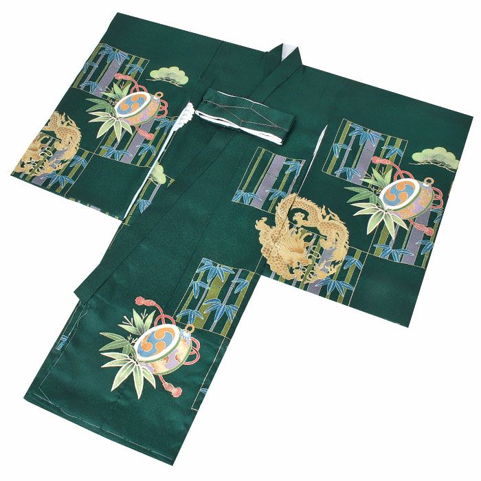 新品（純古典）龍刺繍入り（祝着） 産着 京友禅工芸染　大将龍兜大王松豪華祝い文 お宮参り 着物 男の子 産着 祝い着 緑 鷹 龍 松 竹 小槌 宝尽くし 吉祥