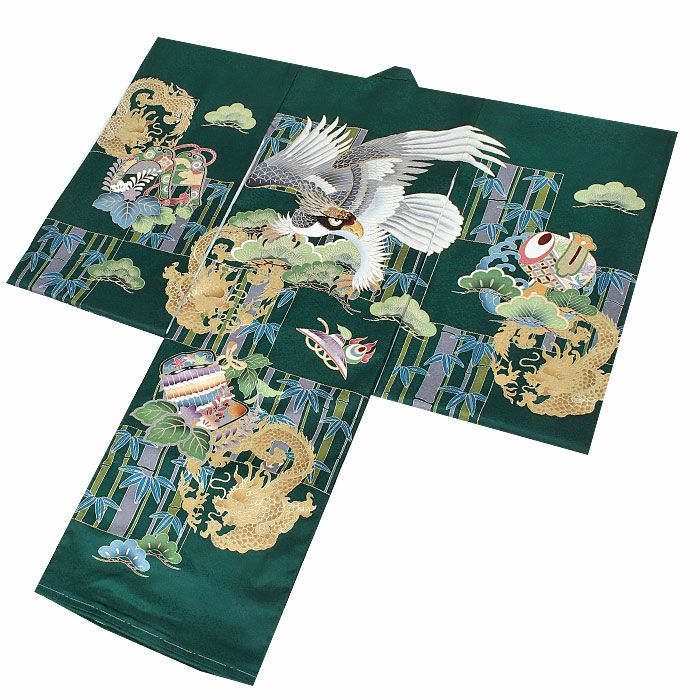 新品（純古典）龍刺繍入り（祝着） 産着 京友禅工芸染　大将龍兜大王松豪華祝い文 お宮参り 着物 男の子 産着 祝い着 緑 鷹 龍 松 竹 小槌 宝尽くし 吉祥