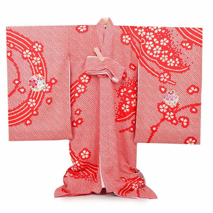 お宮参り 着物 女の子 産着 祝い着 赤 白 疋田 絞り 鹿の子 鞠 桜 雪輪