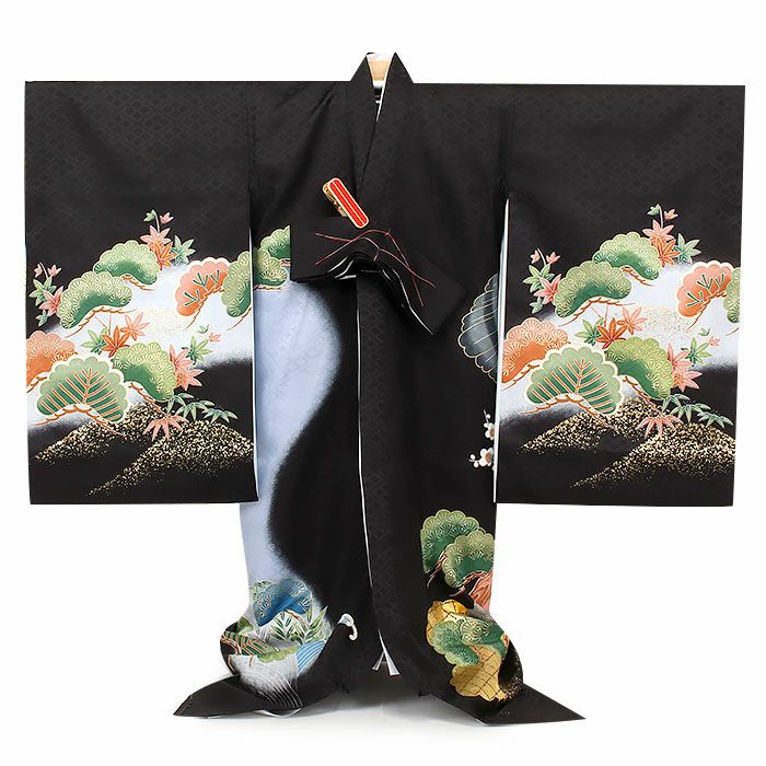 お宮参り 着物 男の子 産着 祝い着 黒 金 鷹 小槌 松 御所車 人物紋