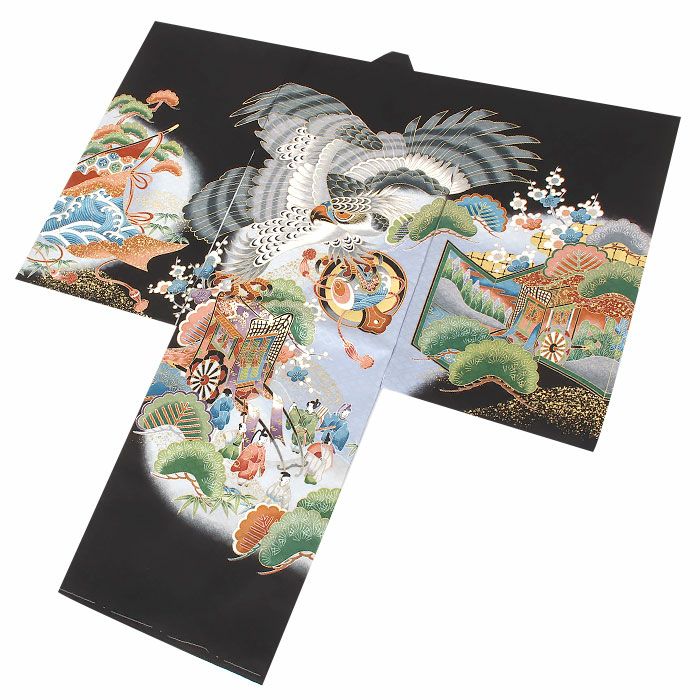 お宮参り 着物 男の子 産着 祝い着 黒 金 鷹 小槌 松 御所車 人物紋