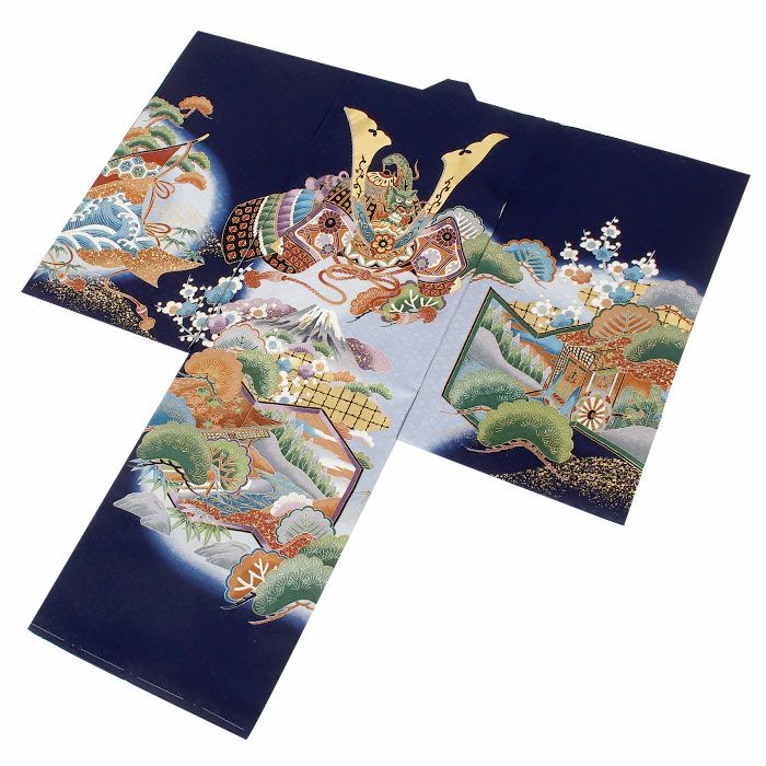 新品正絹産着祝着京友禅伝統工芸、本金、特選大将龍兜と祝い大王小槌大熨斗古典文 お宮参り 着物 男の子 産着 祝い着 濃紺 紺 兜 龍 富士山 御所車 正絹