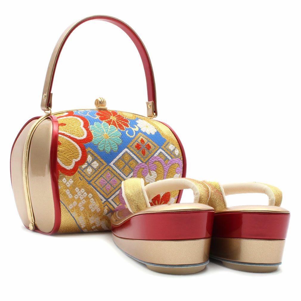 草履バッグセット 成人式 振袖用 Sサイズ ＜ブルー／華紋に菱＞
