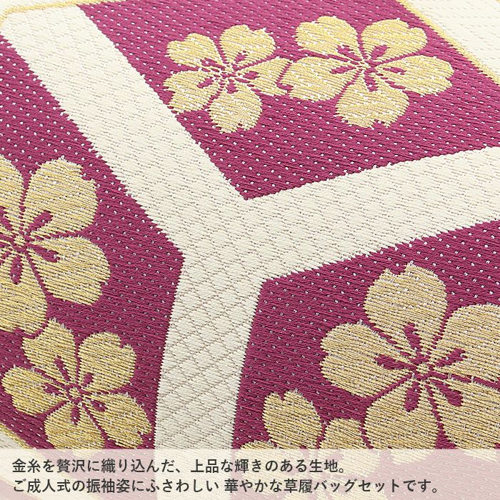 草履バッグセット 振袖用 Lサイズ フリー 紫 クリーム 亀甲 桜 正絹 2
