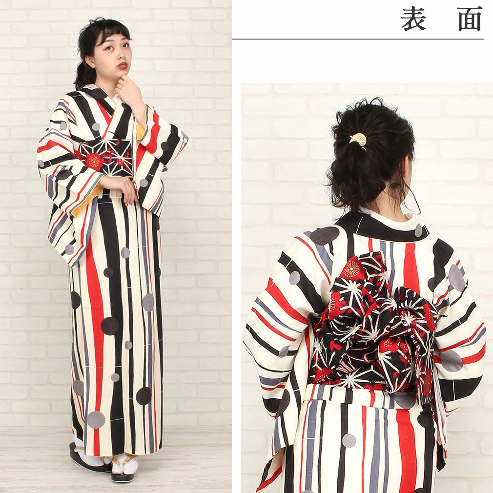 えんさか謹製半幅帯単品幾何学柄黒白赤色横縞柄浴衣帯着物帯アールデコブラック半巾帯 半幅帯 帯 正絹 ＜黒・赤・白／麻の葉×波＞ 佐々木染織謹製