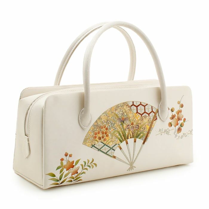 利休バッグ留袖用訪問着用アイボリーホワイト白扇面あやめ花螺鈿正絹帯地日本製黒留袖色留袖訪問着礼装用フォーマル色無地付け下げ結婚式お宮参り七五三和装バッグフォーマル着物和装御茶席華道茶道キレイめカジュアル