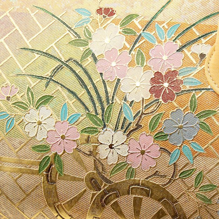 利休バッグ 留袖用 訪問着用 ゴールド 金 花葉色 花車 蝶 金彩 正絹