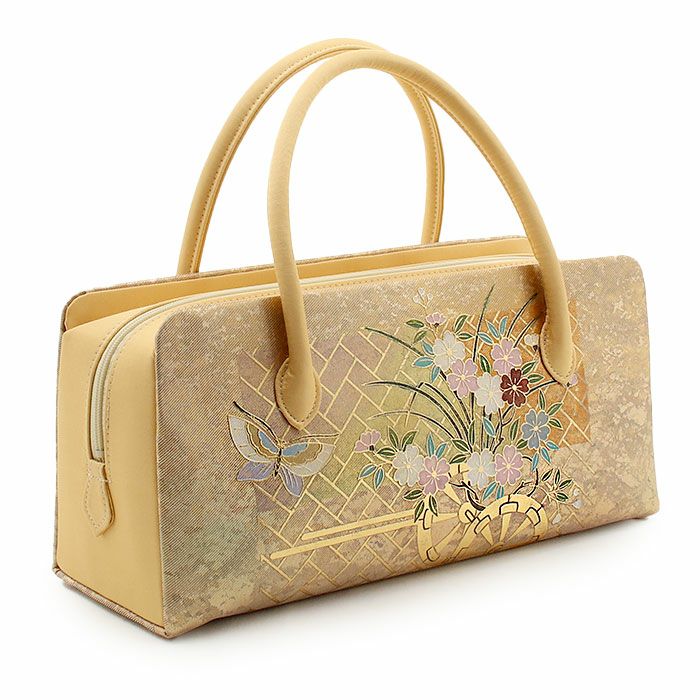利休バック、ベージュとゴールド刺繍　￼東京胡蝶　正絹 伊と忠 和装バッグ 利休バッグ ベージュ 花菱｜トレファクONLINE