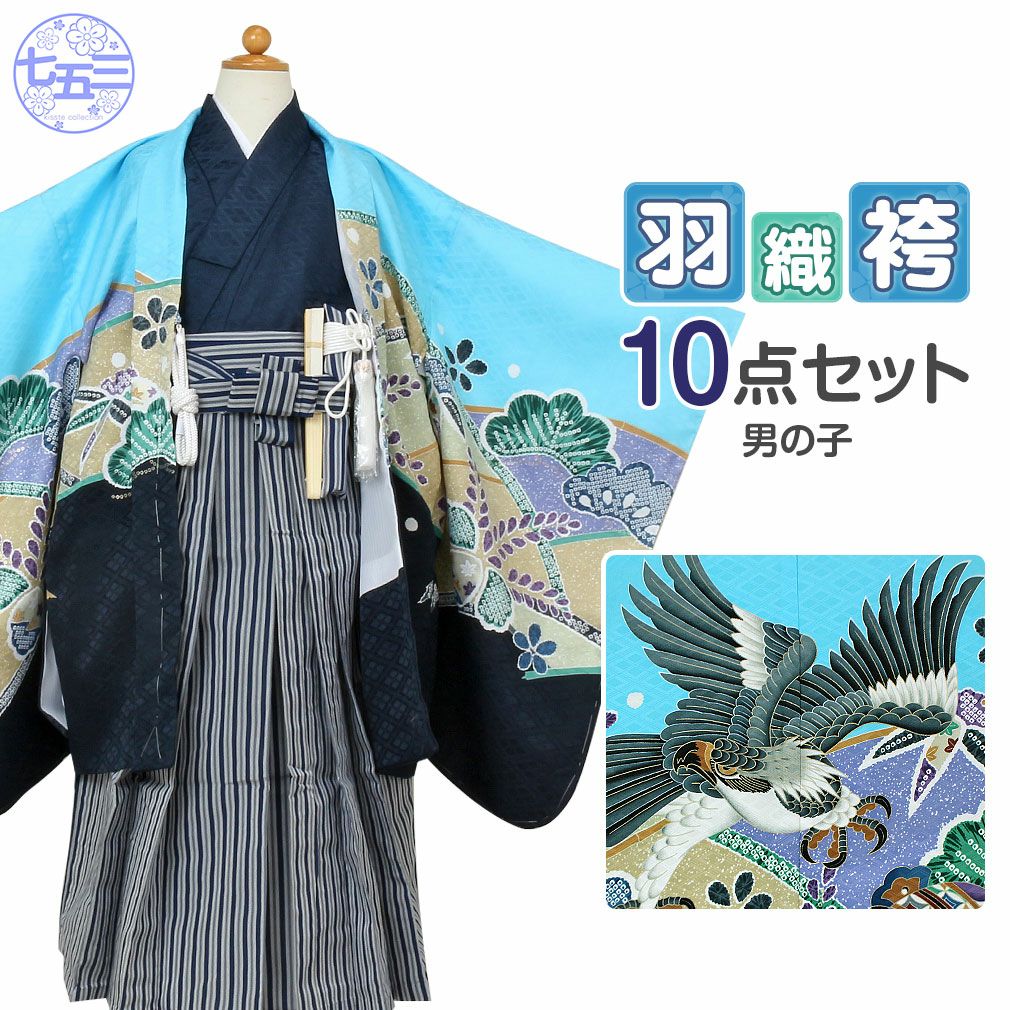 七五三》 羽織袴10点セット 男の子用 ポリエステル ＜羽織：水色×鷹柄
