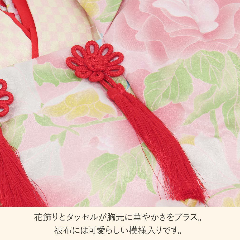 七五三　3歳女の子　着物と被布　ひさかたろまん　薔薇と秋桜　ラインストーン　新品 七五三 レンタル 着物 3歳 被布 女の子 フルセット 被布セット レトロ