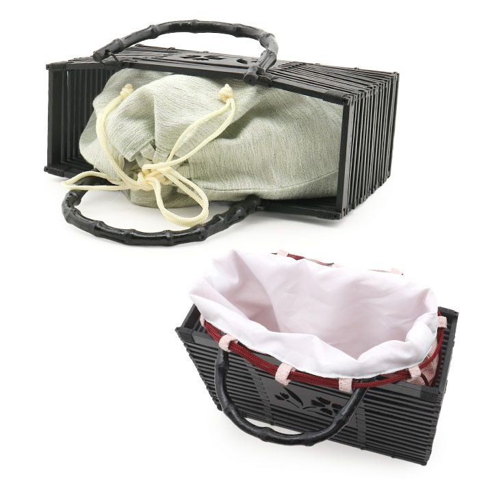 かごバッグ竹かご巾着竹製バッグかご巾着黒かごレディース浴衣用ゆかた用全5色撫子空色萌黄撫子色墨白亜麻色水色黄緑ピンクブルーグレーベージュブラックカラー黒夏祭り花火大会お出かけ夏着物浴衣ゆかたおしゃれかわいい大人カラー