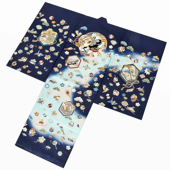 お宮参り着物男の子絹正絹掛け着産着紺水色小槌軍配宝づくし狛犬やっこ玩具松竹梅吉祥紋友禅京友禅金駒刺繍金彩暈しぼかし新品日本製販売購入きもの祝い着のしめ初着祝着一つ身服装赤ちゃんベビー贈答御祝いネイビー