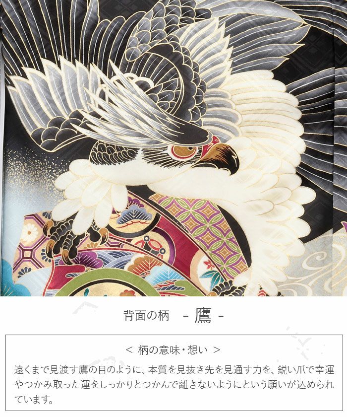お宮参り 着物 男の子 絹 正絹 掛け着 産着 祝い着 黒 鷹 束ね熨斗 鼓