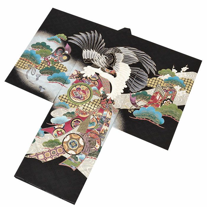 お宮参り着物男の子絹正絹掛け着産着黒鷹束ね熨斗鼓御所車軍配松竹梅吉祥紋友禅金彩新品販売購入きもの祝い着のしめ初着祝着一つ身服装赤ちゃんベビー