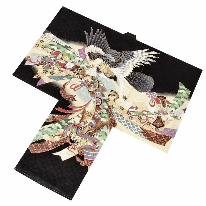 お宮参り着物男の子絹正絹掛け着産着黒鷹兜束ね熨斗小槌軍配宝尽くし松竹梅吉祥紋友禅金彩新品販売購入きもの祝い着のしめ初着祝着一つ身服装赤ちゃんベビー