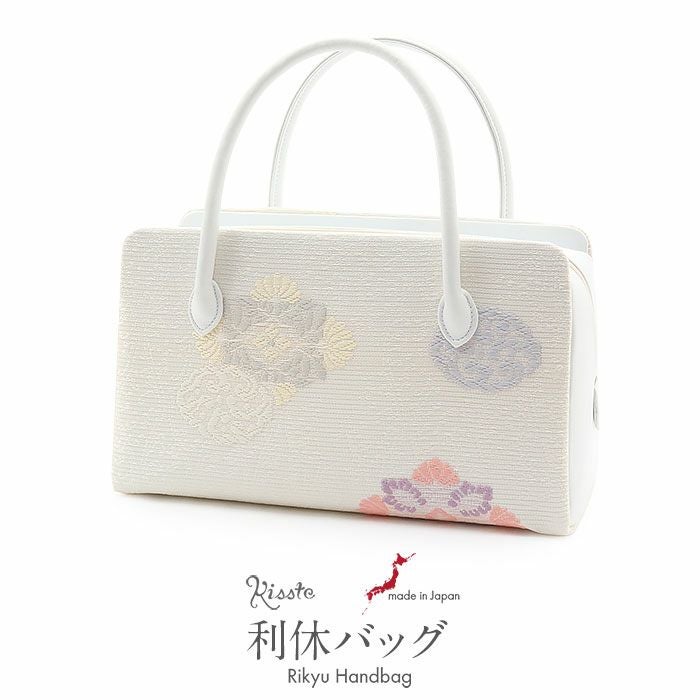 極美品 和装用 利休バッグ 鳳凰柄 ハンドバッグ シルク 絹 日本製 総柄 利休バッグ 留袖用 訪問着用 白 銀 シルバー 鳳凰 牡丹 正絹帯地 日本製