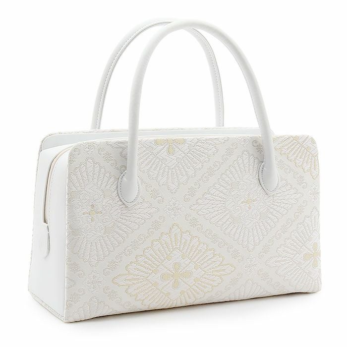 利休バッグ留袖用訪問着用白ホワイト銀シルバー花菱西陣織正絹帯地日本製黒留袖色留袖訪問着礼装用フォーマル色無地付け下げ結婚式お宮参り七五三和装バッグフォーマル着物和装御茶席華道茶道キレイめカジュアル