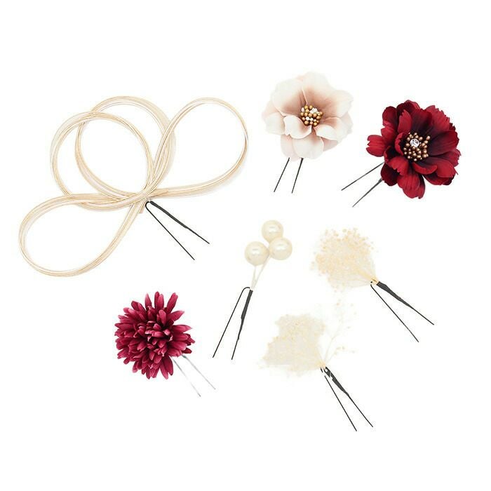 髪飾り成人式振袖用成人用Watmosphereレッドピンクベージュくすみカラー花フラワー水引パールかすみ草日本製振袖卒業袴振り袖ママ振おしゃれはたち結婚式色打掛引き振袖花嫁和装花嫁Uピン7本セットニュアンスヘアアレンジワトモスフィア