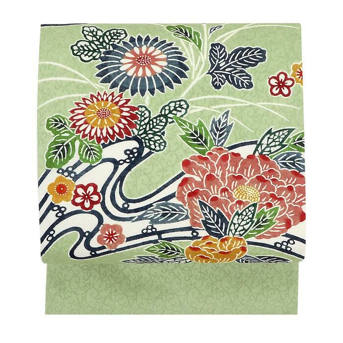名古屋帯 正絹 九寸 淡萌黄 黄緑 九寸 帯 ＜ 水辺に草花 ＞ 透かし織