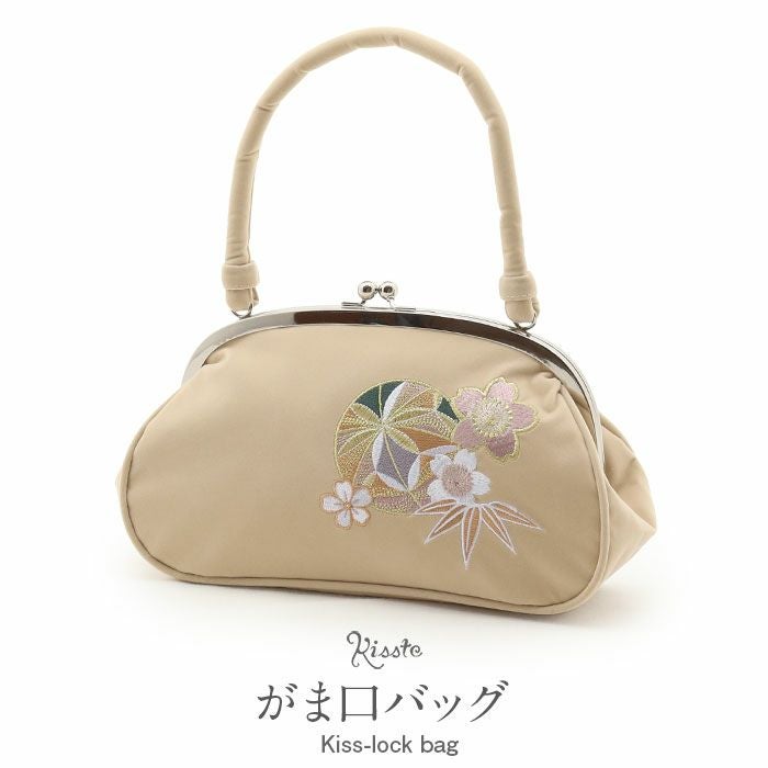 がま口バッグ 成人式 振袖用 袴用 成人用 ベージュ 鞠 毬 桜刺繍 起毛
