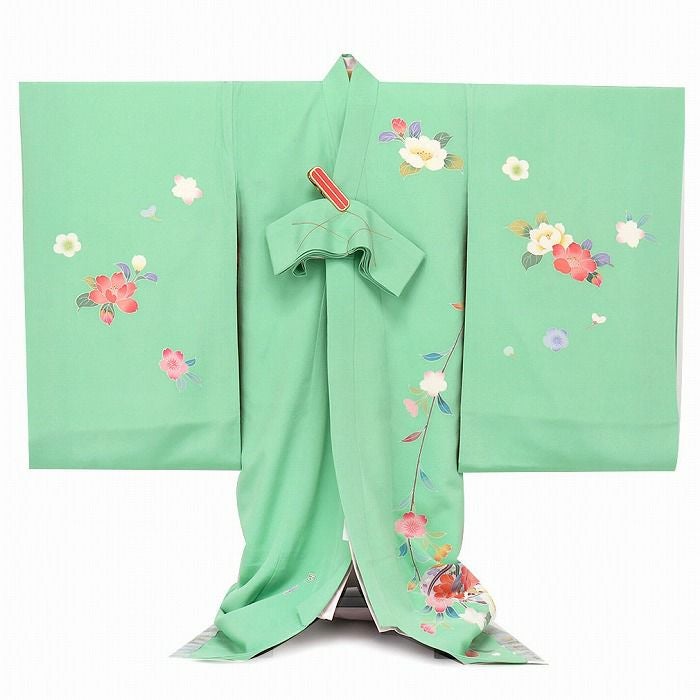 お宮参り 着物 女の子 絹 正絹 掛け着 産着 ミントグリーン 緑 牡丹