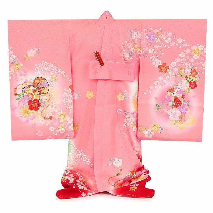 お宮参り 着物 女の子 絹 正絹 掛け着 産着 蛍光ピンク 赤 花鼓 紙風船