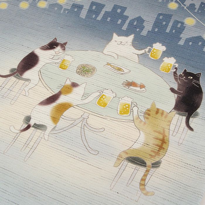 京袋帯 夏 夏帯 麻 ブルー 紺 水色 猫 ビアガーデン WAKKA 近江の麻