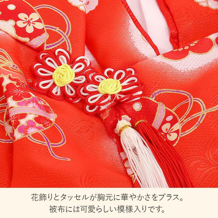 七五三着物3歳三歳女の子販売被布セット7点セット朱赤レッド白鞠毬桜被布着物襦袢重ね衿草履髪飾り巾着フルセット三歳ひな祭り雛祭りお正月お祝い着衣装服装子供レトロ3才三才和装子供用753キッズ