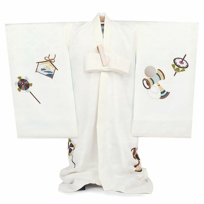 お宮参り着物男の子絹100%正絹初着掛け着産着白馬左馬瓢箪だるま宝船縁起尽くし干支吉祥紋友禅京友禅金駒刺繍金彩新品日本製販売購入きもの祝い着のしめ初着祝着一つ身服装赤ちゃんベビーホワイト贈答御祝い