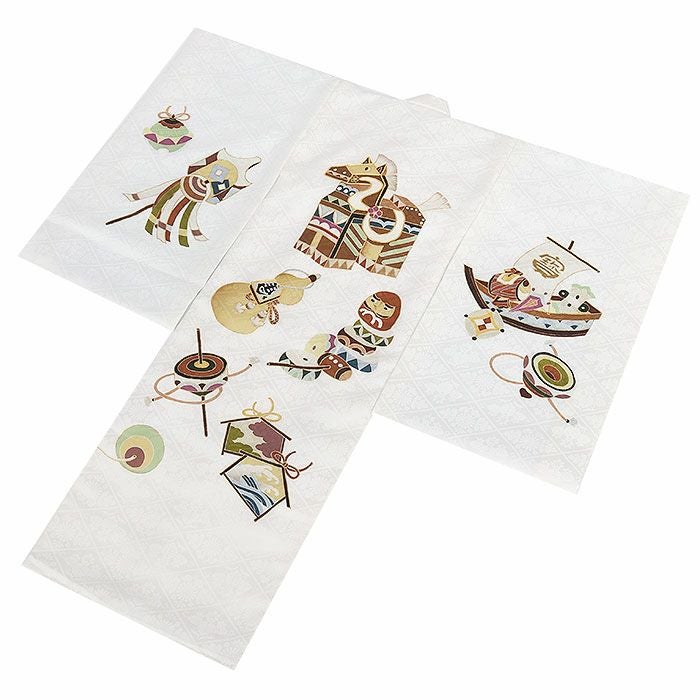 お宮参り着物男の子絹100%正絹初着掛け着産着白馬左馬瓢箪だるま宝船縁起尽くし干支吉祥紋友禅京友禅金駒刺繍金彩新品日本製販売購入きもの祝い着のしめ初着祝着一つ身服装赤ちゃんベビーホワイト贈答御祝い