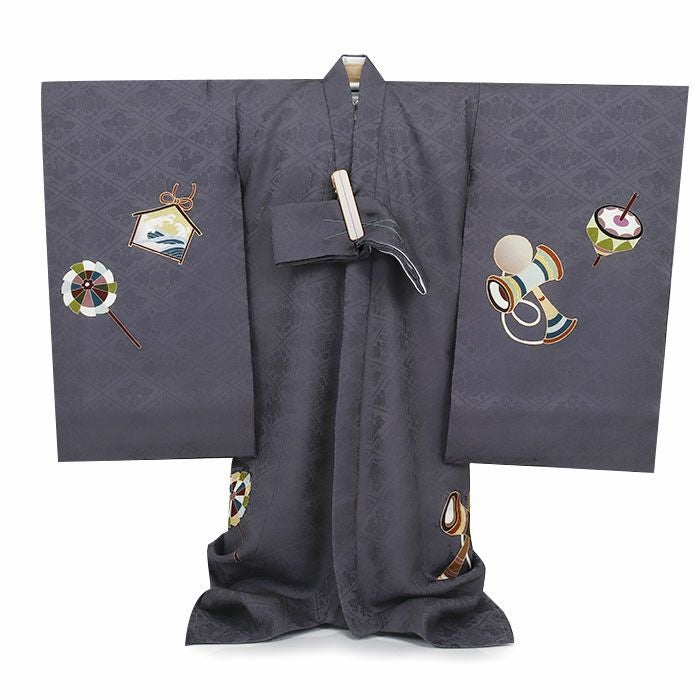 お宮参り着物男の子絹100%正絹初着掛け着産着濃灰濃鼠左馬瓢箪だるま宝船縁起尽くし干支吉祥紋友禅京友禅金駒刺繍金彩新品日本製販売購入きもの祝い着のしめ初着祝着一つ身服装赤ちゃんベビーダークグレー贈答御祝い