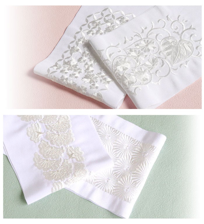 半衿刺繍半衿白半衿留袖用訪問着用振袖用衿秀4Type白ホワイト七宝小桜葵唐草千歳松葉花重ねポリエステル日本製メール便対応可黒留袖色留袖訪問着振袖卒業袴礼装用フォーマル色無地付け下げ結婚式お宮参り七五三刺繍半衿京都えりひで