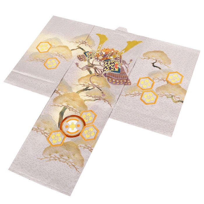 お宮参り着物男の子絹100%正絹初着経済産業大臣指定伝統的工芸品掛け着産着灰グレー兜松亀甲花菱分銅吉祥紋友禅金箔銀箔オーロラ箔金彩新品販売日本製購入きもの祝い着のしめ初着祝着一つ身服装赤ちゃんベビー