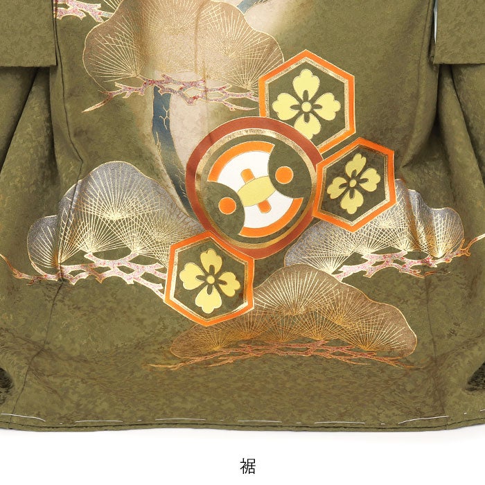 お宮参り着物男の子絹100%正絹初着経済産業大臣指定伝統的工芸品掛け着産着渋緑モスグリーン鷹松亀甲花菱分銅吉祥紋友禅金箔銀箔オーロラ箔金彩新品販売日本製購入きもの祝い着のしめ初着祝着一つ身服装赤ちゃんベビー