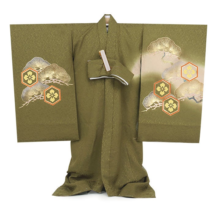 お宮参り着物男の子絹100%正絹初着経済産業大臣指定伝統的工芸品掛け着産着渋緑モスグリーン鷹松亀甲花菱分銅吉祥紋友禅金箔銀箔オーロラ箔金彩新品販売日本製購入きもの祝い着のしめ初着祝着一つ身服装赤ちゃんベビー