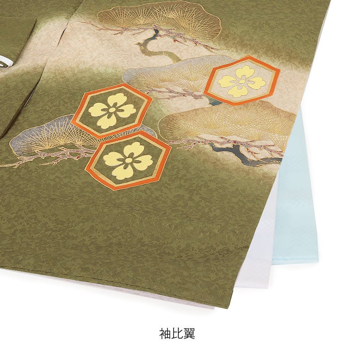 お宮参り着物男の子絹100%正絹初着経済産業大臣指定伝統的工芸品掛け着産着渋緑モスグリーン鷹松亀甲花菱分銅吉祥紋友禅金箔銀箔オーロラ箔金彩新品販売日本製購入きもの祝い着のしめ初着祝着一つ身服装赤ちゃんベビー