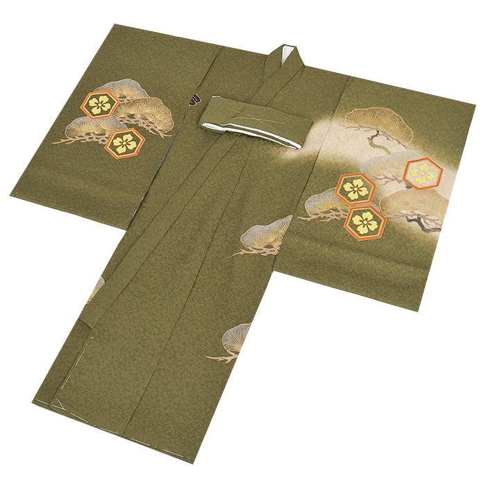 お宮参り着物男の子絹100%正絹初着経済産業大臣指定伝統的工芸品掛け着産着渋緑モスグリーン鷹松亀甲花菱分銅吉祥紋友禅金箔銀箔オーロラ箔金彩新品販売日本製購入きもの祝い着のしめ初着祝着一つ身服装赤ちゃんベビー