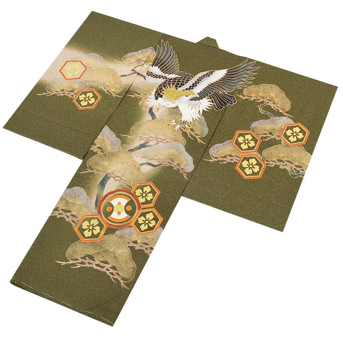 お宮参り着物男の子絹100%正絹初着経済産業大臣指定伝統的工芸品掛け着産着渋緑モスグリーン鷹松亀甲花菱分銅吉祥紋友禅金箔銀箔オーロラ箔金彩新品販売日本製購入きもの祝い着のしめ初着祝着一つ身服装赤ちゃんベビー