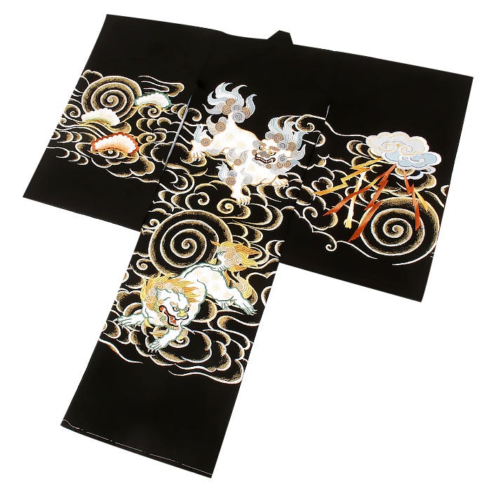 お宮参り着物男の子絹正絹掛け着産着黒金金獅子銀獅子唐獅子雲流雷雲友禅刺繍手描き新品販売購入きもの祝い着のしめ初着祝着一つ身服装赤ちゃんベビー阿吽狛犬