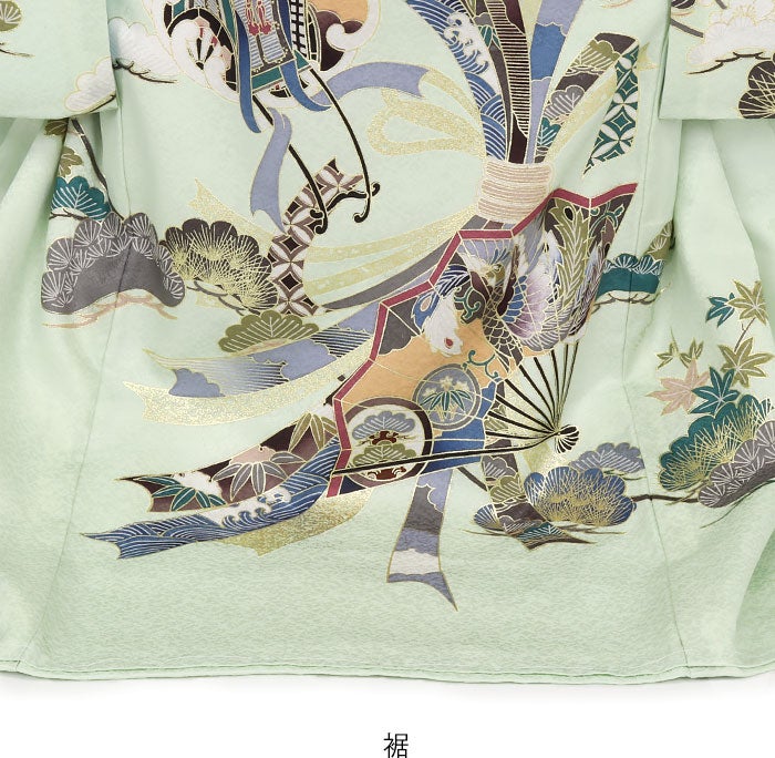 お宮参り着物男の子絹100%正絹初着掛け着産着薄緑ライトグリーン兜熨斗扇鞍馬具松竹梅御所車宝尽くし吉祥紋友禅金駒刺繍金彩新品日本製販売購入きもの祝い着のしめ初着祝着一つ身服装赤ちゃんベビー午年