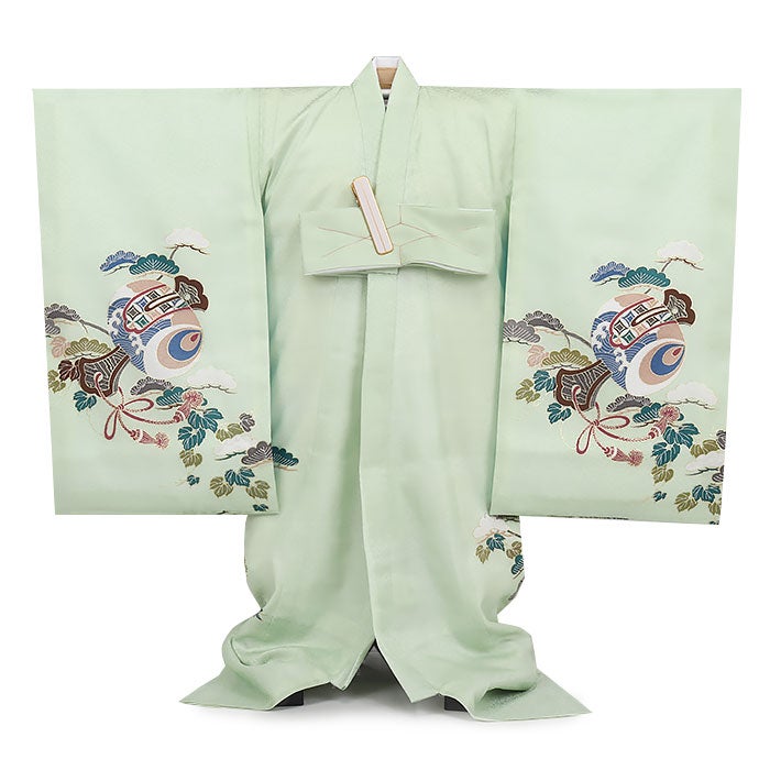 お宮参り着物男の子絹100%正絹初着掛け着産着薄緑ライトグリーン兜熨斗扇鞍馬具松竹梅御所車宝尽くし吉祥紋友禅金駒刺繍金彩新品日本製販売購入きもの祝い着のしめ初着祝着一つ身服装赤ちゃんベビー午年