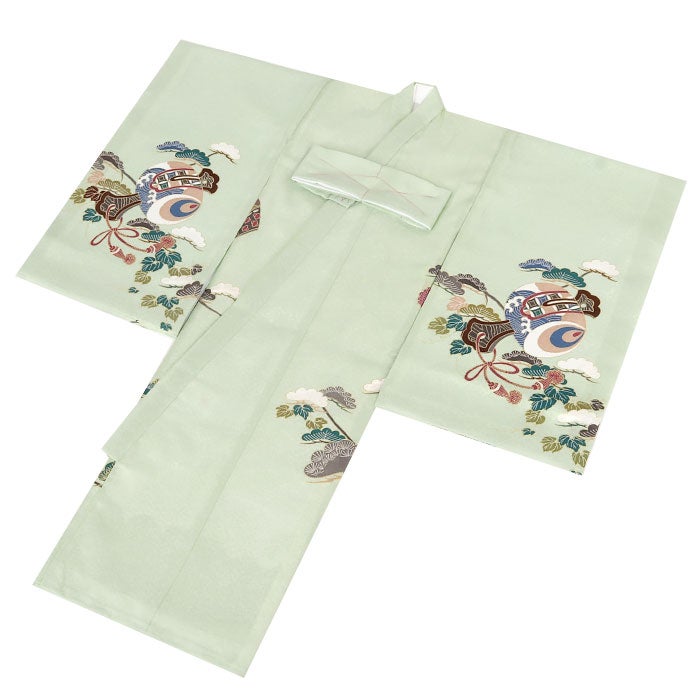 お宮参り着物男の子絹100%正絹初着掛け着産着薄緑ライトグリーン兜熨斗扇鞍馬具松竹梅御所車宝尽くし吉祥紋友禅金駒刺繍金彩新品日本製販売購入きもの祝い着のしめ初着祝着一つ身服装赤ちゃんベビー午年