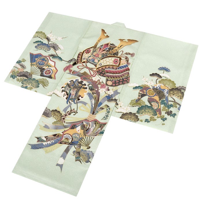 お宮参り着物男の子絹100%正絹初着掛け着産着薄緑ライトグリーン兜熨斗扇鞍馬具松竹梅御所車宝尽くし吉祥紋友禅金駒刺繍金彩新品日本製販売購入きもの祝い着のしめ初着祝着一つ身服装赤ちゃんベビー午年